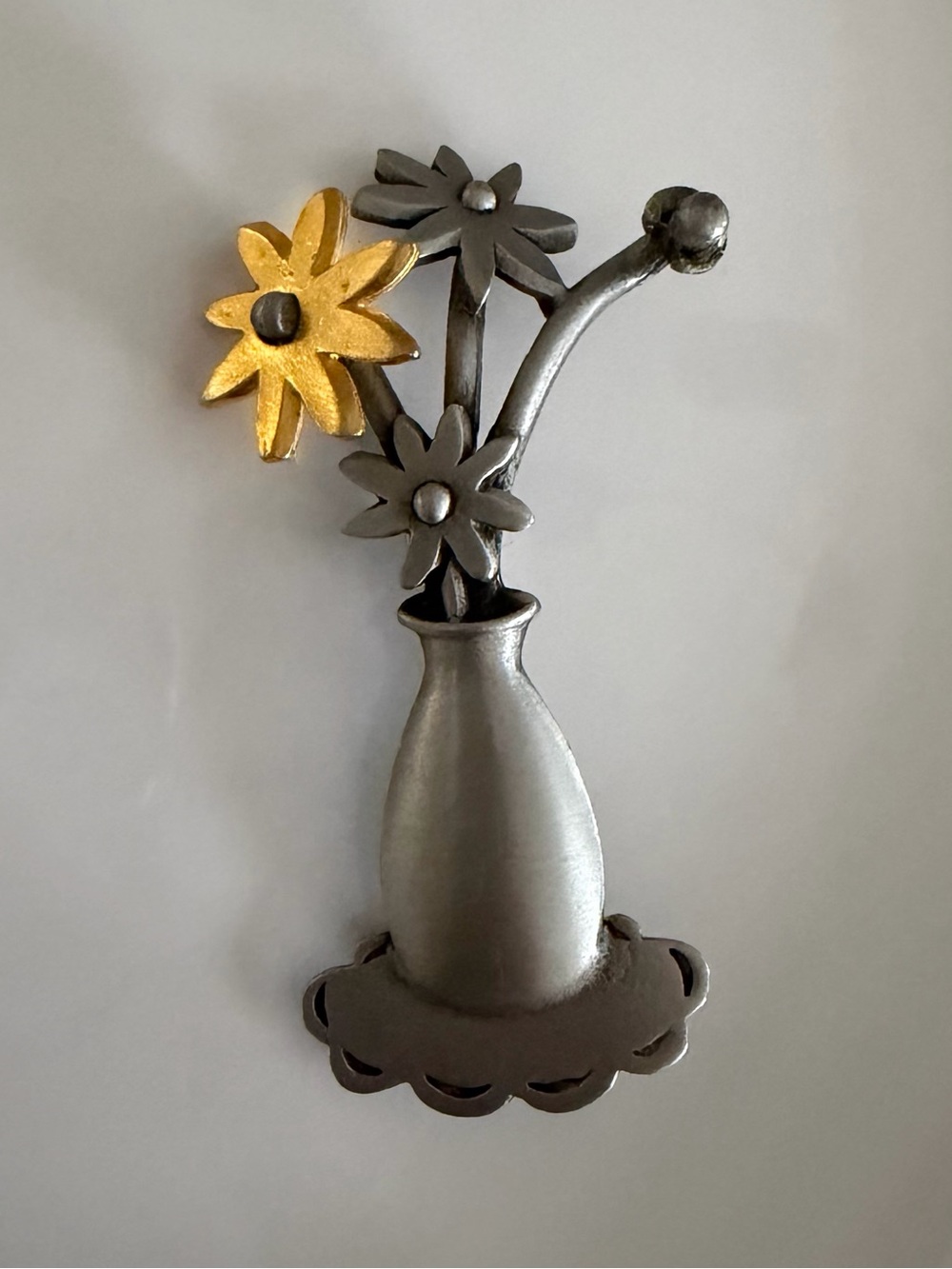 Vintage JJ Jonette Jewelry Pewter Vase Flowers Brooch
